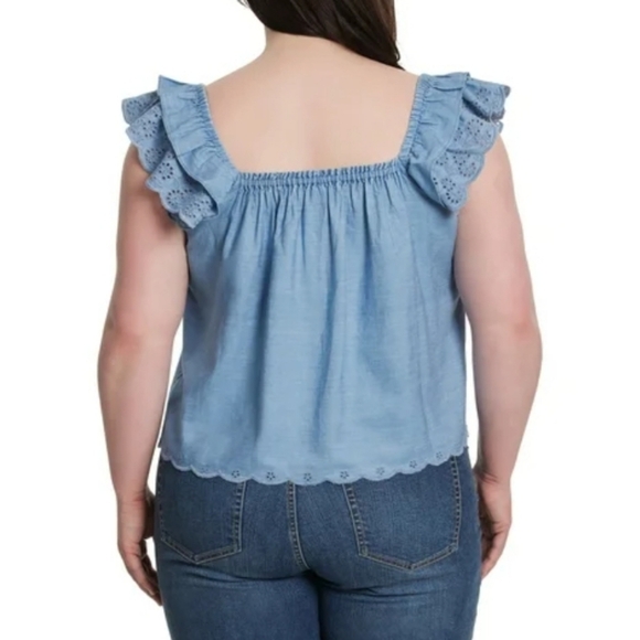 NWT Jessica Simpson Stretch Chambray Eyelet Ruffle Sleeve Violetta Top Size XL - Picture 12 of 16